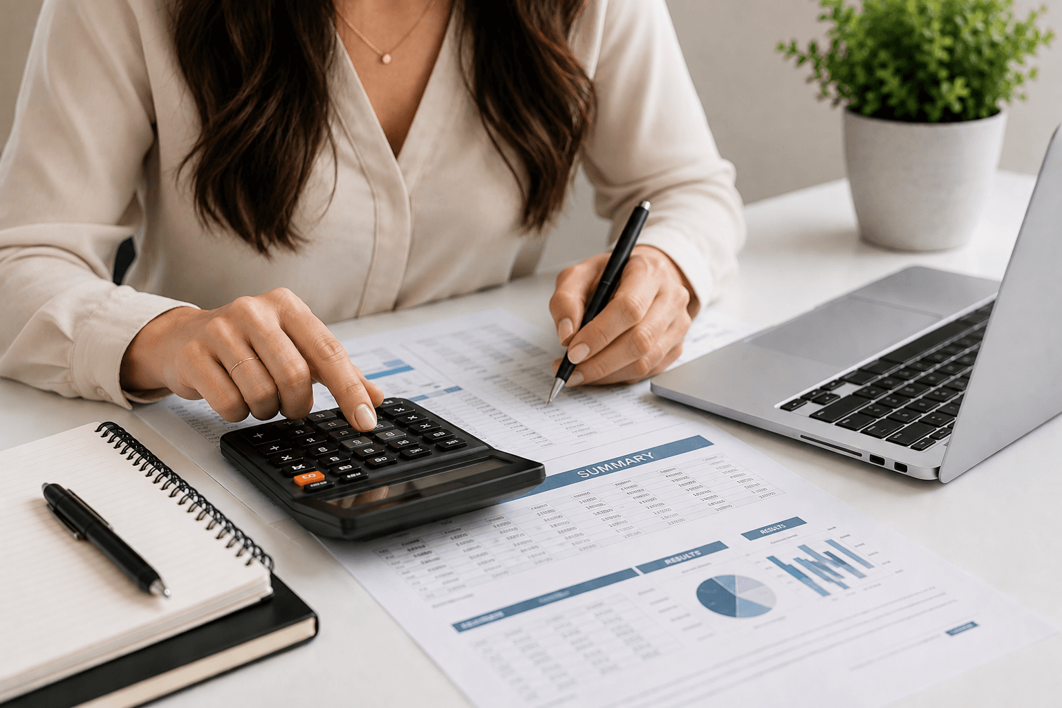 Bookkeeper working with a calculator, financial paperwork, and a laptop